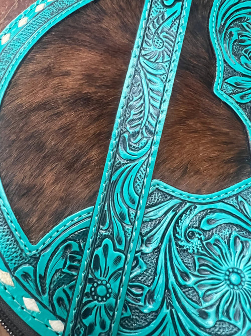 Large Canteen Bag - Turquoise Tooled Leather and Hair on Hide - Cowhide and Conchos