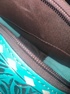 Large Canteen Bag - Turquoise Tooled Leather and Hair on Hide - Cowhide and Conchos