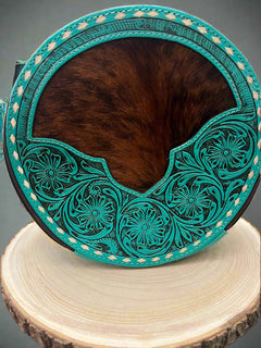 Large Canteen Bag - Turquoise Tooled Leather and Hair on Hide - Cowhide and Conchos