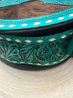 Large Canteen Bag - Turquoise Tooled Leather and Hair on Hide - Cowhide and Conchos