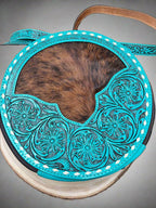Large Canteen Bag - Turquoise Tooled Leather and Hair on Hide - Cowhide and Conchos