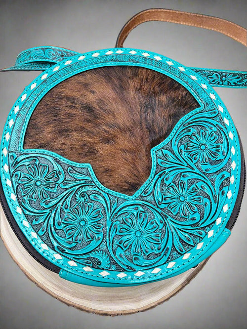Large Canteen Bag - Turquoise Tooled Leather and Hair on Hide - Cowhide and Conchos