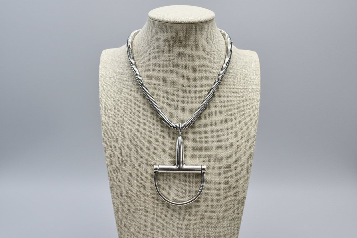 Large Horse Bit Pendant Statement Necklace - 16 Inch + 3 - Cowhide and Conchos