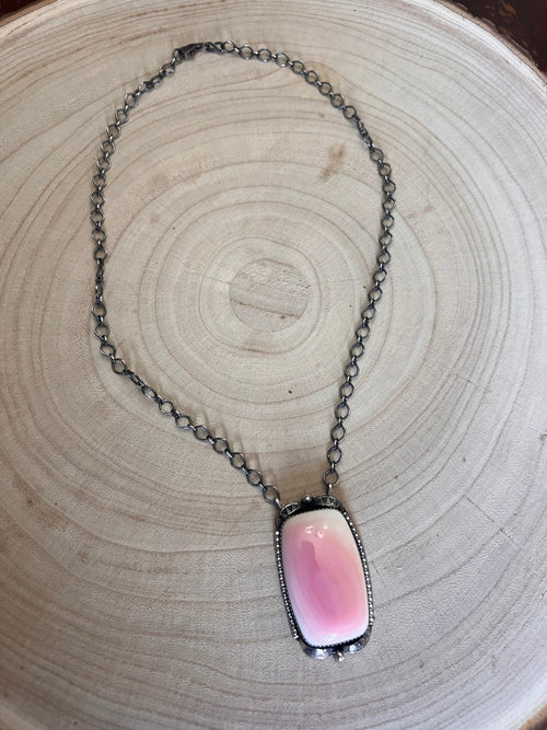 Large Pink Conch on Sterling Silver Necklace by Tia Long - 18 inch - Cowhide and Conchos