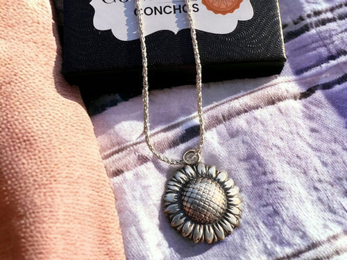 Large sterling sunflower necklace - Cowhide and Conchos