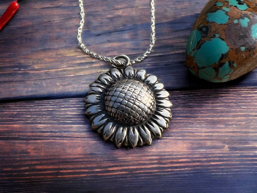 Large sterling sunflower necklace - Cowhide and Conchos