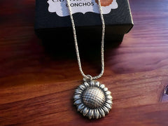 Large sterling sunflower necklace - Cowhide and Conchos