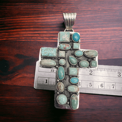 Large Turquoise Cluster Cross Pendant - Cowhide and Conchos