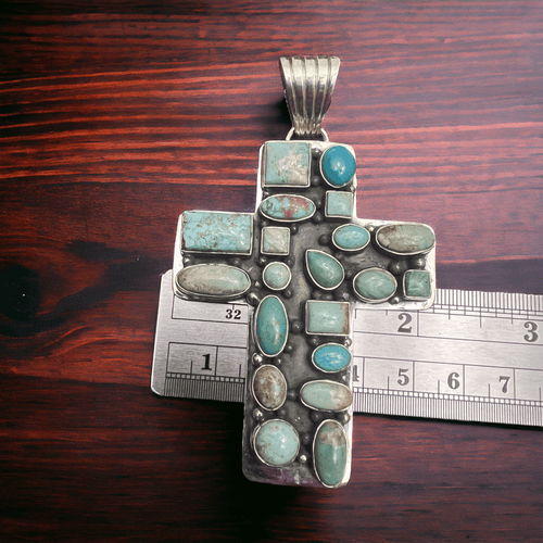 Large Turquoise Cluster Cross Pendant - Cowhide and Conchos