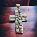 Large Turquoise Cluster Cross Pendant - Cowhide and Conchos