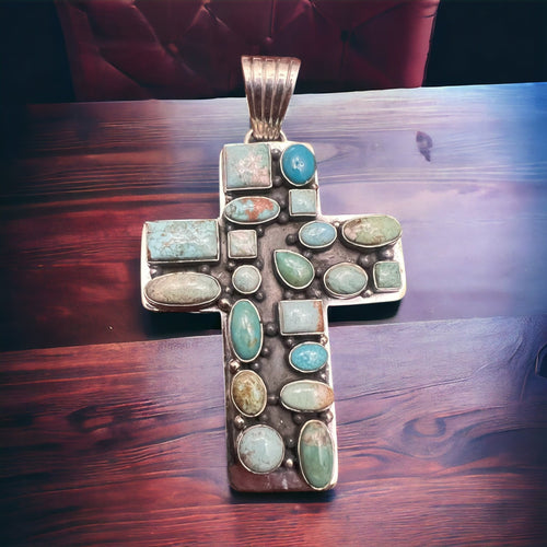 Large Turquoise Cluster Cross Pendant - Cowhide and Conchos