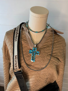 Large Turquoise Cluster Cross Pendant - Cowhide and Conchos