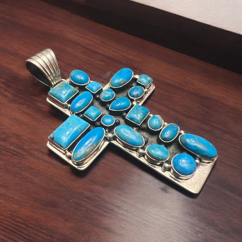 Large Turquoise Cluster Cross Pendant - Cowhide and Conchos