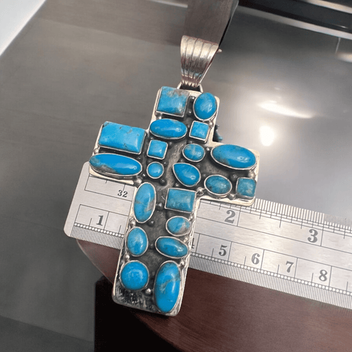 Large Turquoise Cluster Cross Pendant - Cowhide and Conchos