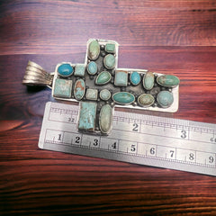 Large Turquoise Cluster Cross Pendant - Cowhide and Conchos