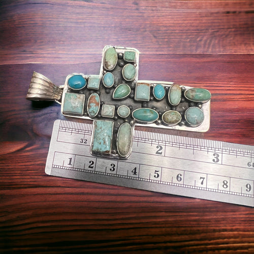 Large Turquoise Cluster Cross Pendant - Cowhide and Conchos