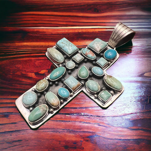 Large Turquoise Cluster Cross Pendant - Cowhide and Conchos