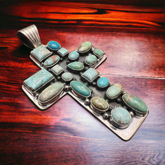 Large Turquoise Cluster Cross Pendant - Cowhide and Conchos