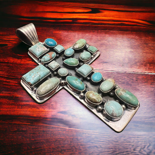 Large Turquoise Cluster Cross Pendant - Cowhide and Conchos