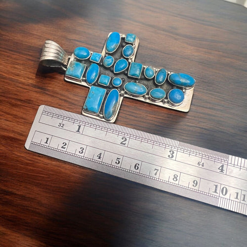 Large Turquoise Cluster Cross Pendant - Cowhide and Conchos