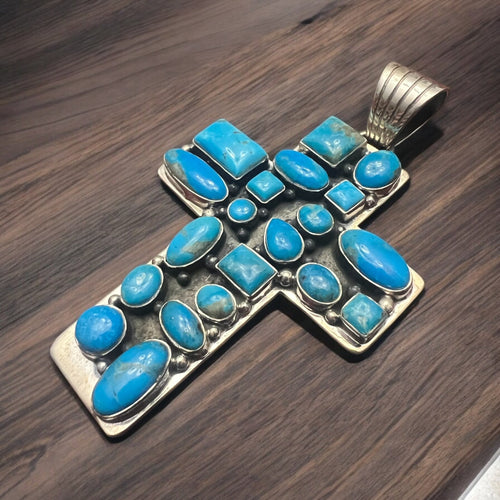 Large Turquoise Cluster Cross Pendant - Cowhide and Conchos