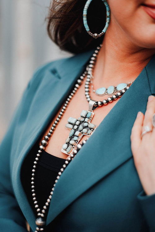 Large Turquoise Cluster Cross Pendant - Cowhide and Conchos