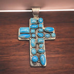 Large Turquoise Cluster Cross Pendant - Cowhide and Conchos