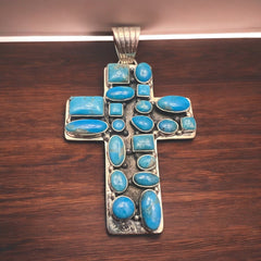 Large Turquoise Cluster Cross Pendant - Cowhide and Conchos