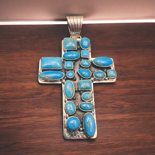 Large Turquoise Cluster Cross Pendant - Cowhide and Conchos