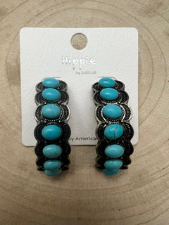 Large Western Faux Turquoise Hoop Earrings - 2 inch hoop - Cowhide and Conchos