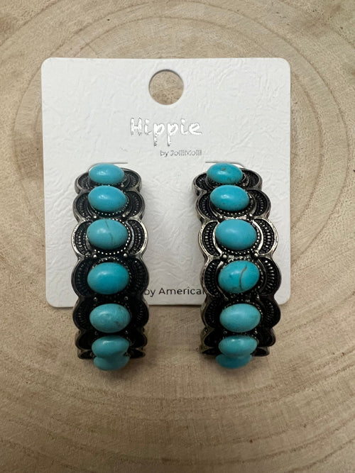 Large Western Faux Turquoise Hoop Earrings - 2 inch hoop - Cowhide and Conchos
