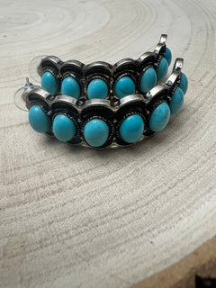 Large Western Faux Turquoise Hoop Earrings - 2 inch hoop - Cowhide and Conchos