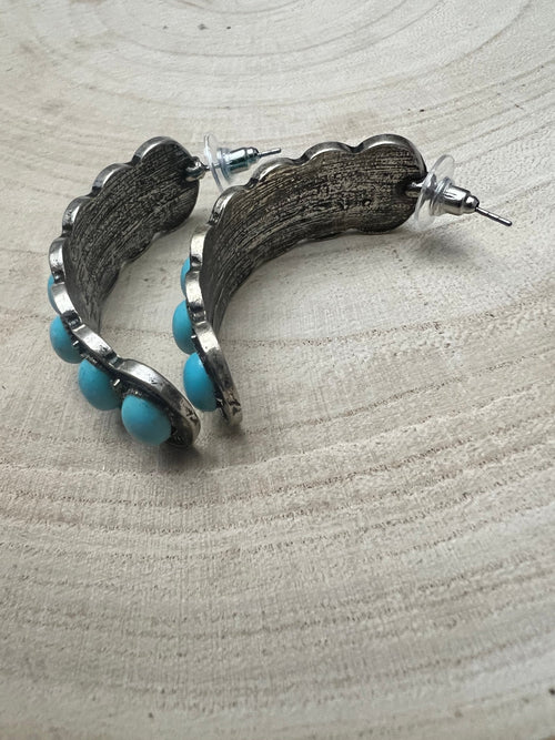 Large Western Faux Turquoise Hoop Earrings - 2 inch hoop - Cowhide and Conchos