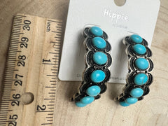 Large Western Faux Turquoise Hoop Earrings - 2 inch hoop - Cowhide and Conchos