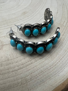 Large Western Faux Turquoise Hoop Earrings - 2 inch hoop - Cowhide and Conchos