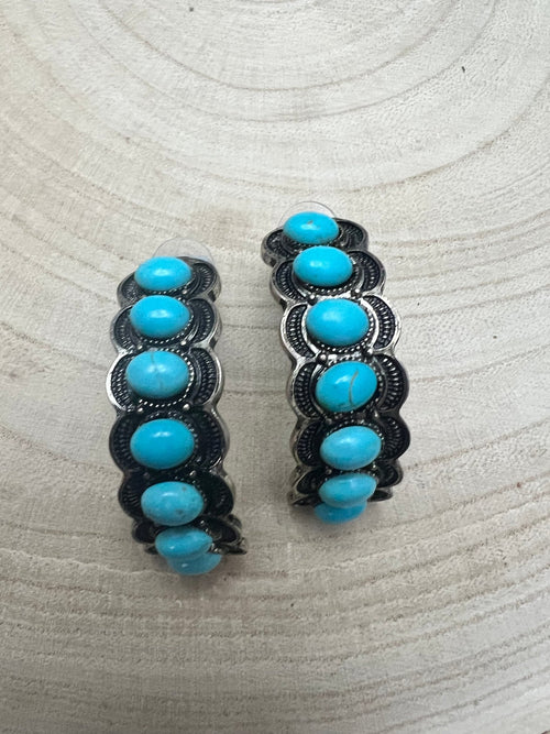 Large Western Faux Turquoise Hoop Earrings - 2 inch hoop - Cowhide and Conchos