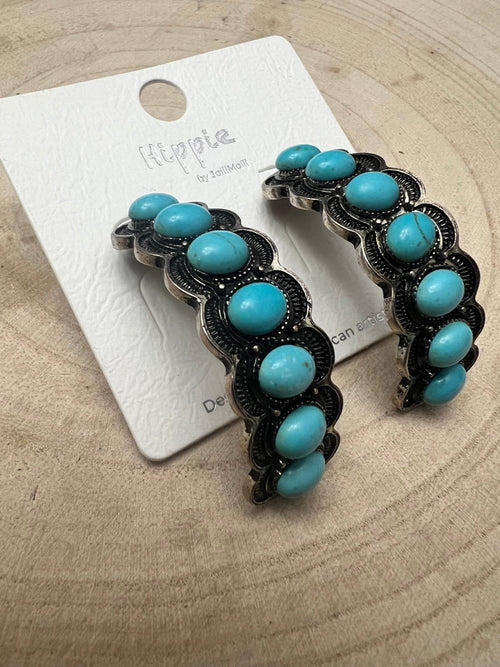Large Western Faux Turquoise Hoop Earrings - 2 inch hoop - Cowhide and Conchos