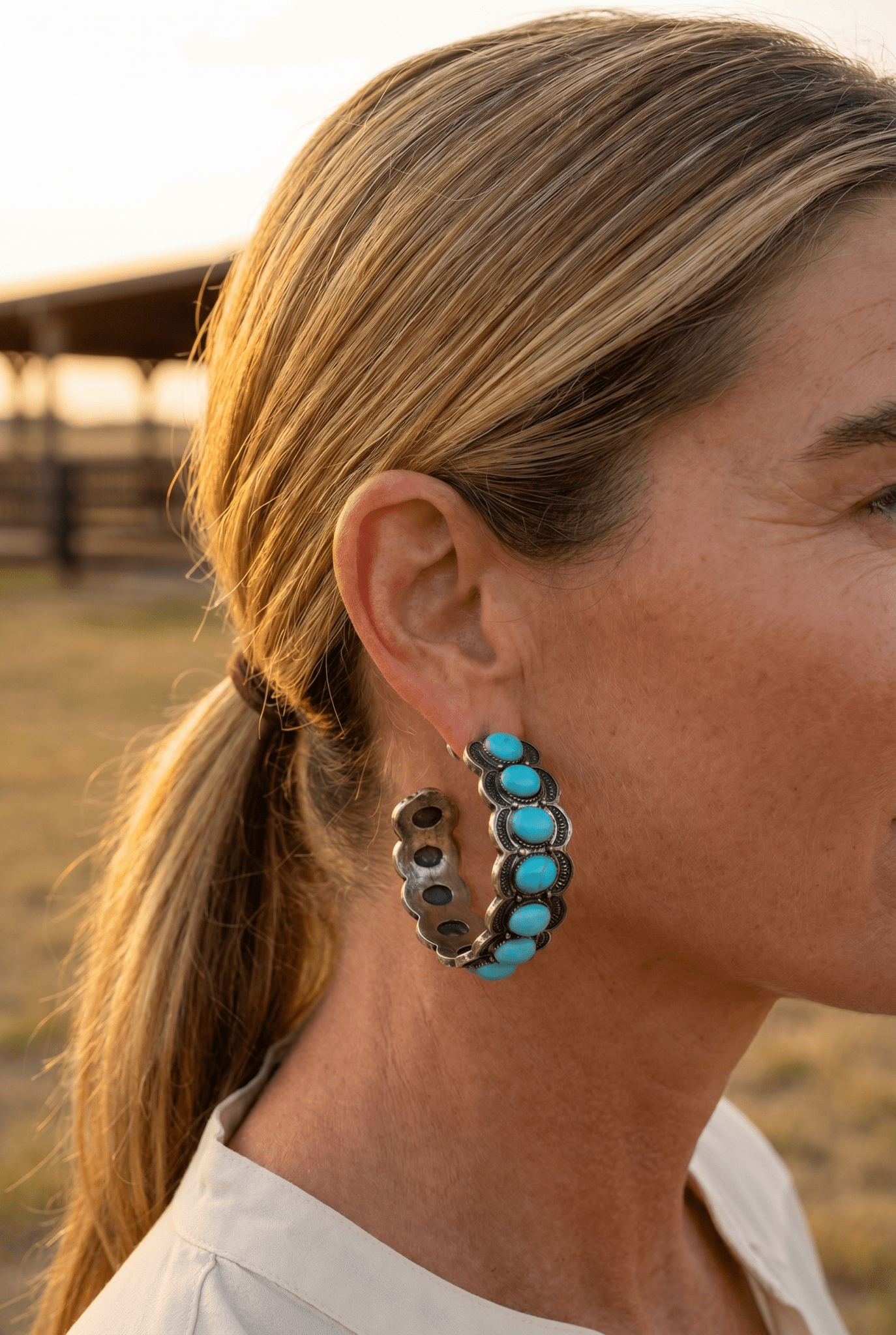 Large Western Faux Turquoise Hoop Earrings — Oxidized Stamped 2" Hoop - Cowhide and Conchos