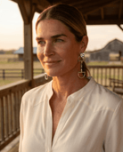 Large Western Horse Bit & Rhinestone Earrings — 3" Statement Drop - Cowhide and Conchos