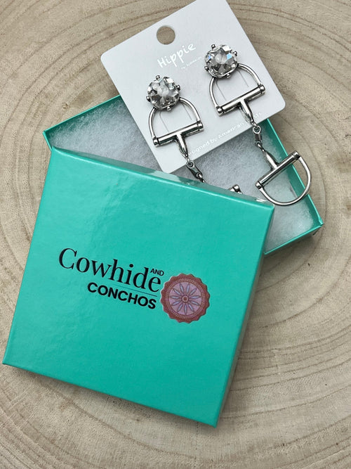 Large Western Horse Bit & Rhinestone Fashion Earrings - 3 inch drop! - Cowhide and Conchos