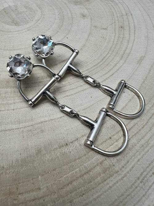 Large Western Horse Bit & Rhinestone Fashion Earrings - 3 inch drop! - Cowhide and Conchos