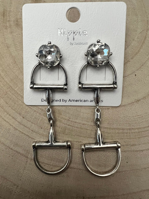 Large Western Horse Bit & Rhinestone Fashion Earrings - 3 inch drop! - Cowhide and Conchos