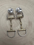 Large Western Horse Bit & Rhinestone Two Tone Earrings — 3" Statement Drop - Cowhide and Conchos
