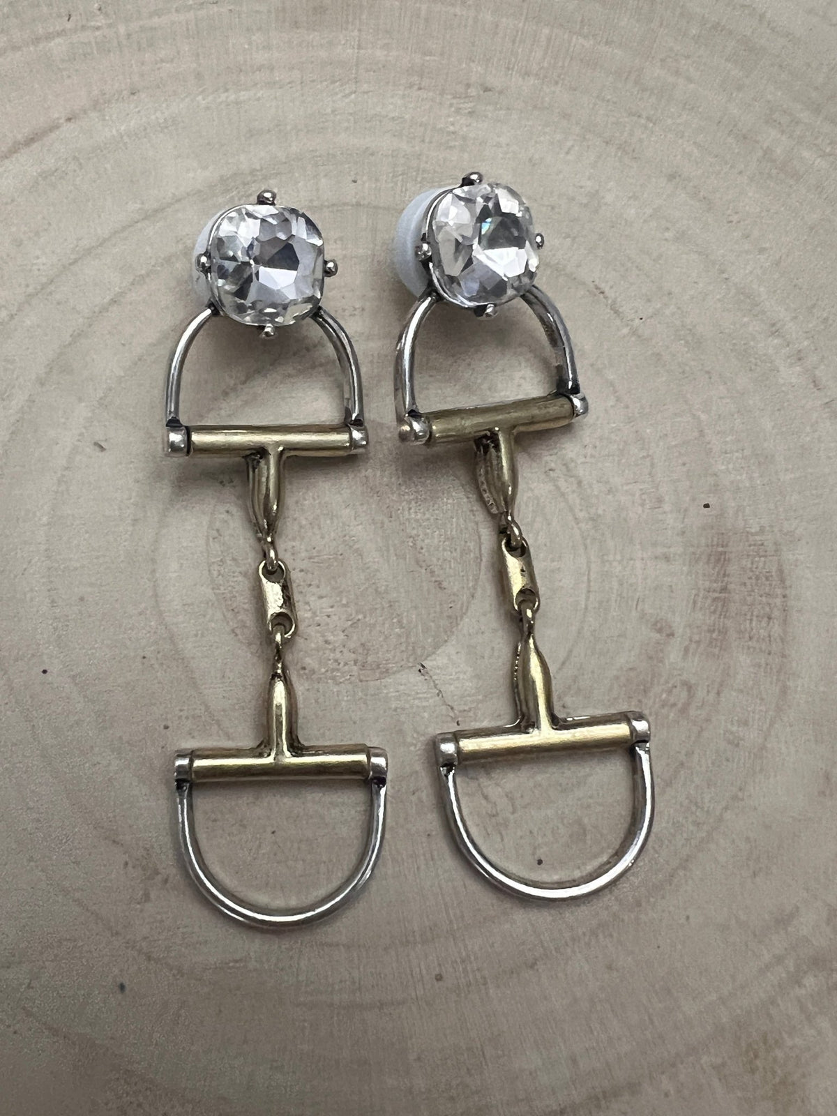 Large Western Horse Bit & Rhinestone Two Tone Earrings — 3" Statement Drop - Cowhide and Conchos
