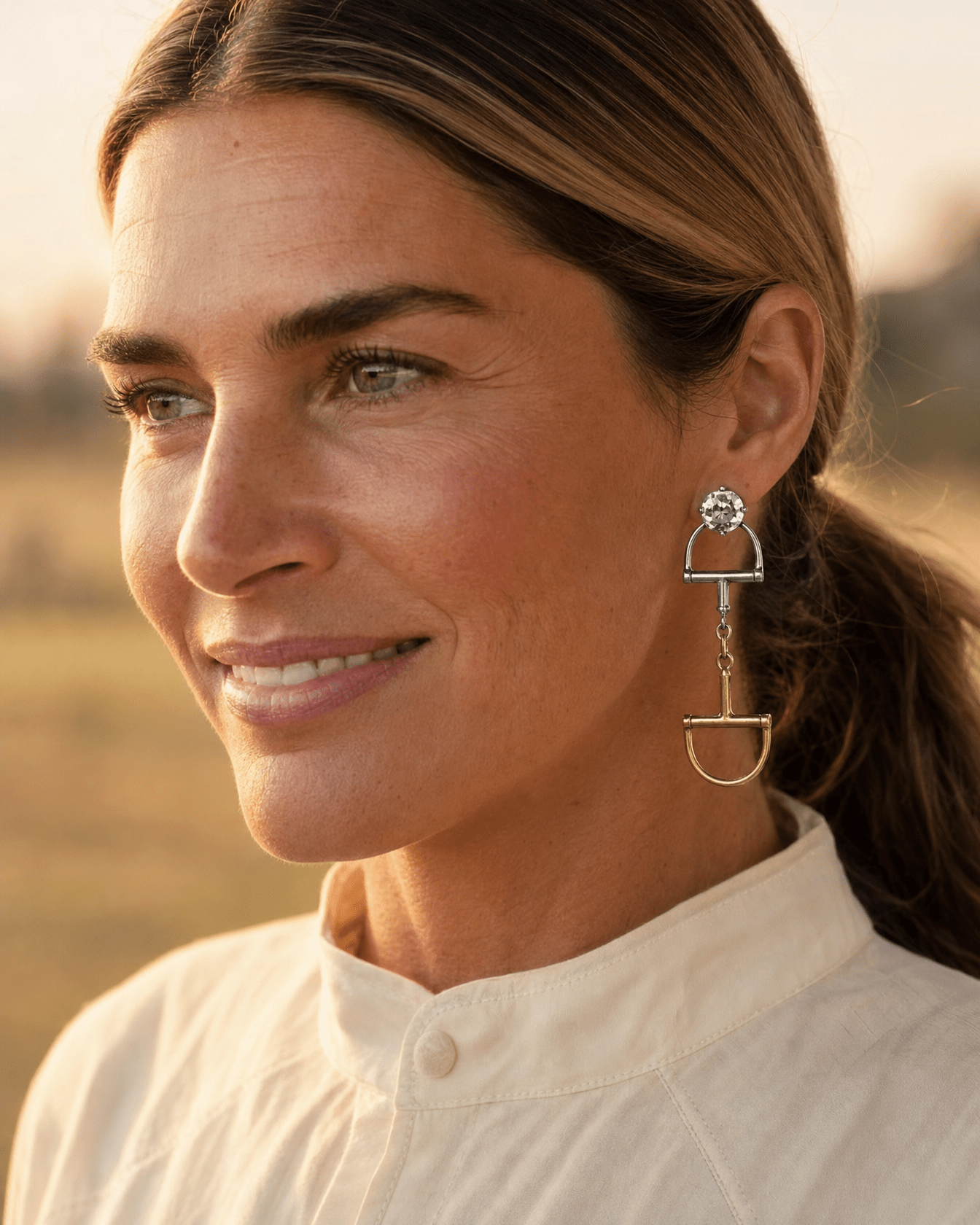 Large Western Horse Bit & Rhinestone Two Tone Earrings — 3" Statement Drop - Cowhide and Conchos