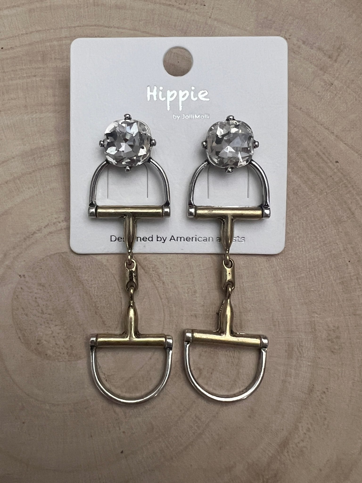 Large Western Horse Bit & Rhinestone Two Tone Earrings — 3" Statement Drop - Cowhide and Conchos