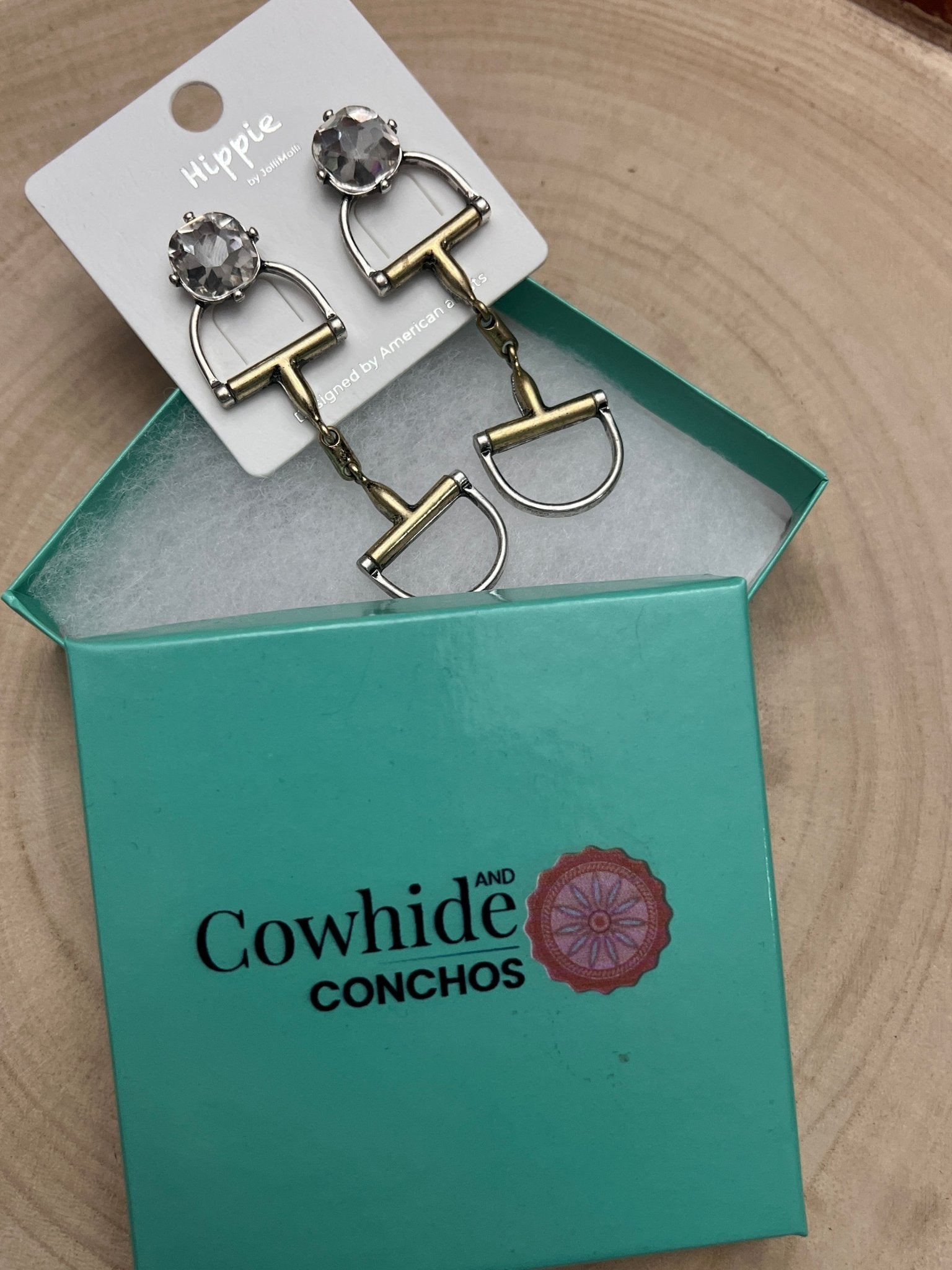 Large Western Horse Bit & Rhinestone Two Tone Earrings — 3" Statement Drop - Cowhide and Conchos