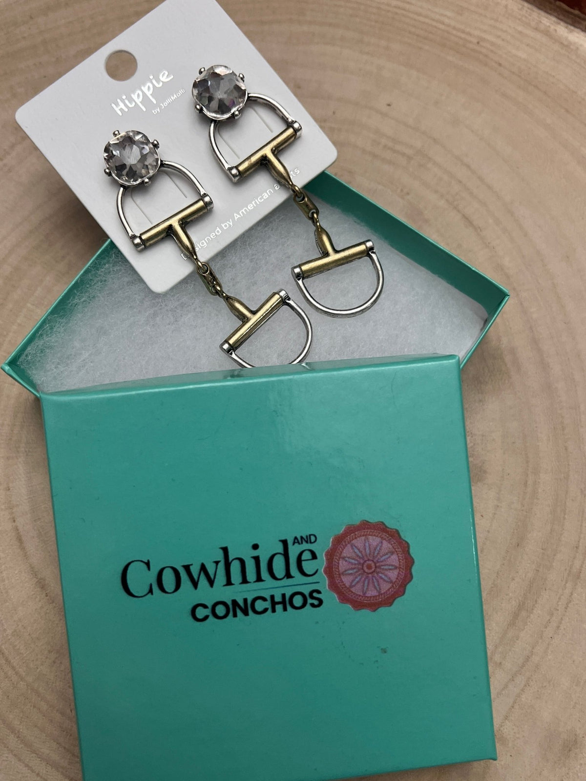 Large Western Horse Bit & Rhinestone Two Tone Earrings — 3" Statement Drop - Cowhide and Conchos