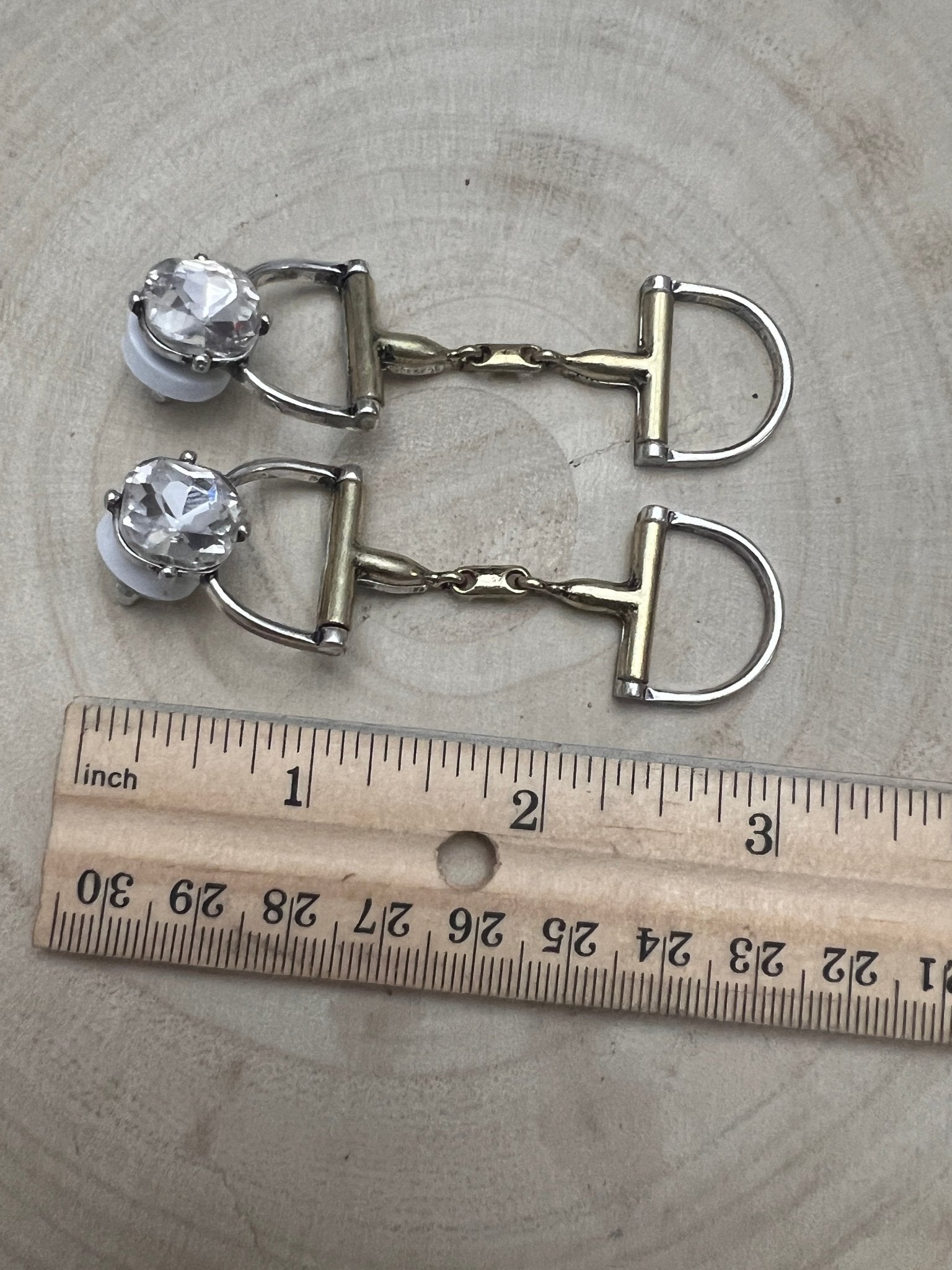 Large Western Horse Bit & Rhinestone Two Tone Earrings — 3" Statement Drop - Cowhide and Conchos