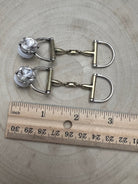 Large Western Horse Bit & Rhinestone Two Tone Earrings — 3" Statement Drop - Cowhide and Conchos